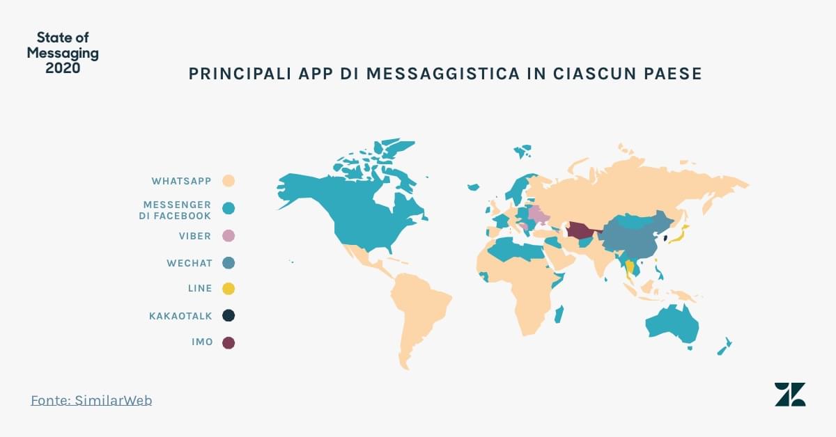 Le principali app di messaggistica in ciascun Paese